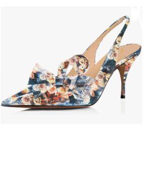 YDN Blue Floral Stiletto Heel Pumps Bow Pointed Toe Slingback Slip on Sandals